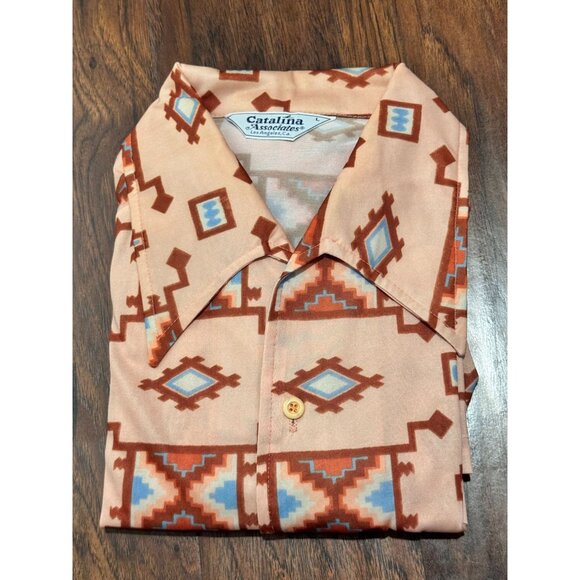 VTG 70s Disco Catalina Associates Aztec Print Button-Up Shirt L Peach Polyester - Picture 2 of 7